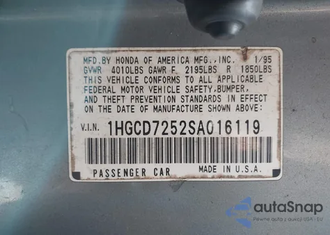 1995 Honda Accord Ex z USA, uszkodzony, nr VIN 1HGCD7252SA016119